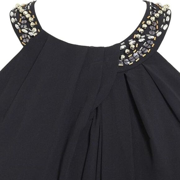 SLNY Women's Size 14 Black Bead Braided Halter Sleeveless Cascade Chiffon Dress - Picture 4 of 11